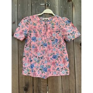 LOFT Floral Print Top‎ Crochet Trim Keyhole Neck Short Sleeve Blouse S